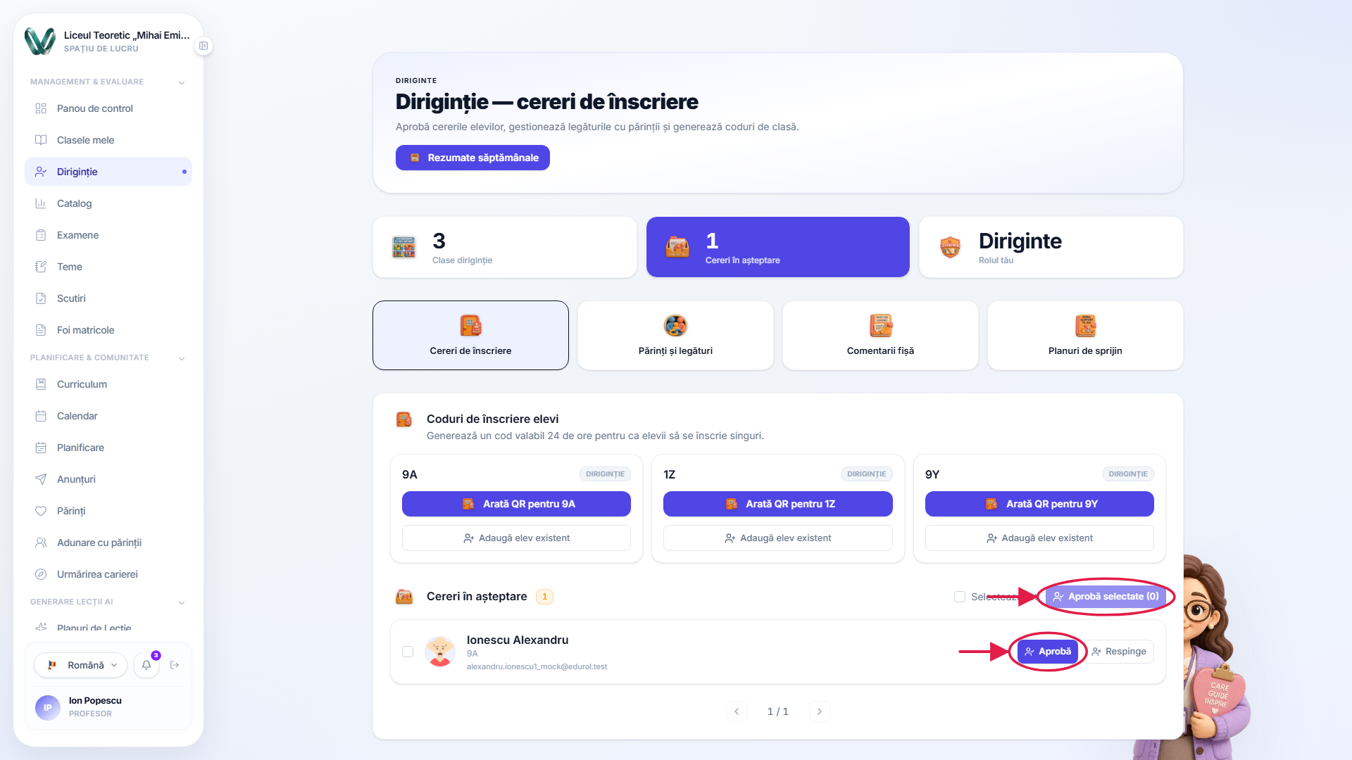 O cerere de înscriere a unui elev în așteptare cu acțiunile de acceptare și refuz