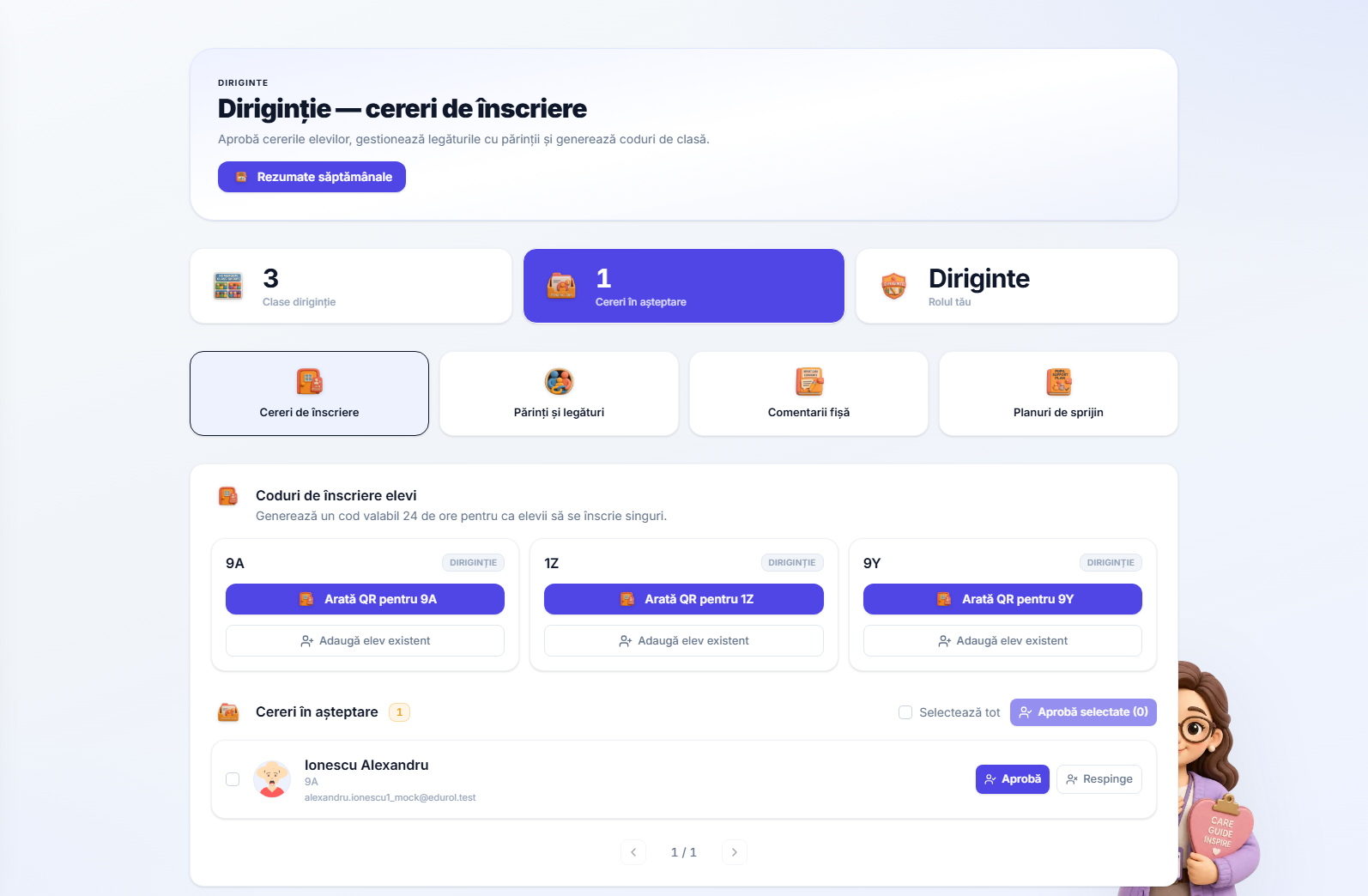 Pagina dirigintelui cu cereri de înscriere, părinți și file de comentarii la raport