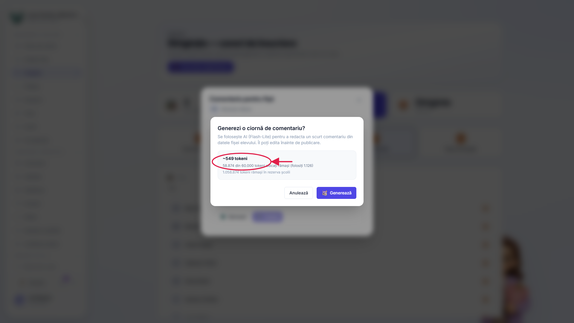 Confirmarea generării care arată costul token-urilor și ce a mai rămas