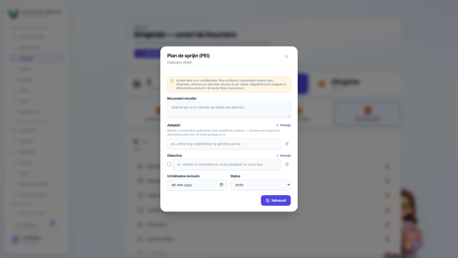 Un formular gol de plan de suport — nevoi, adaptări, obiective și o dată de revizuire