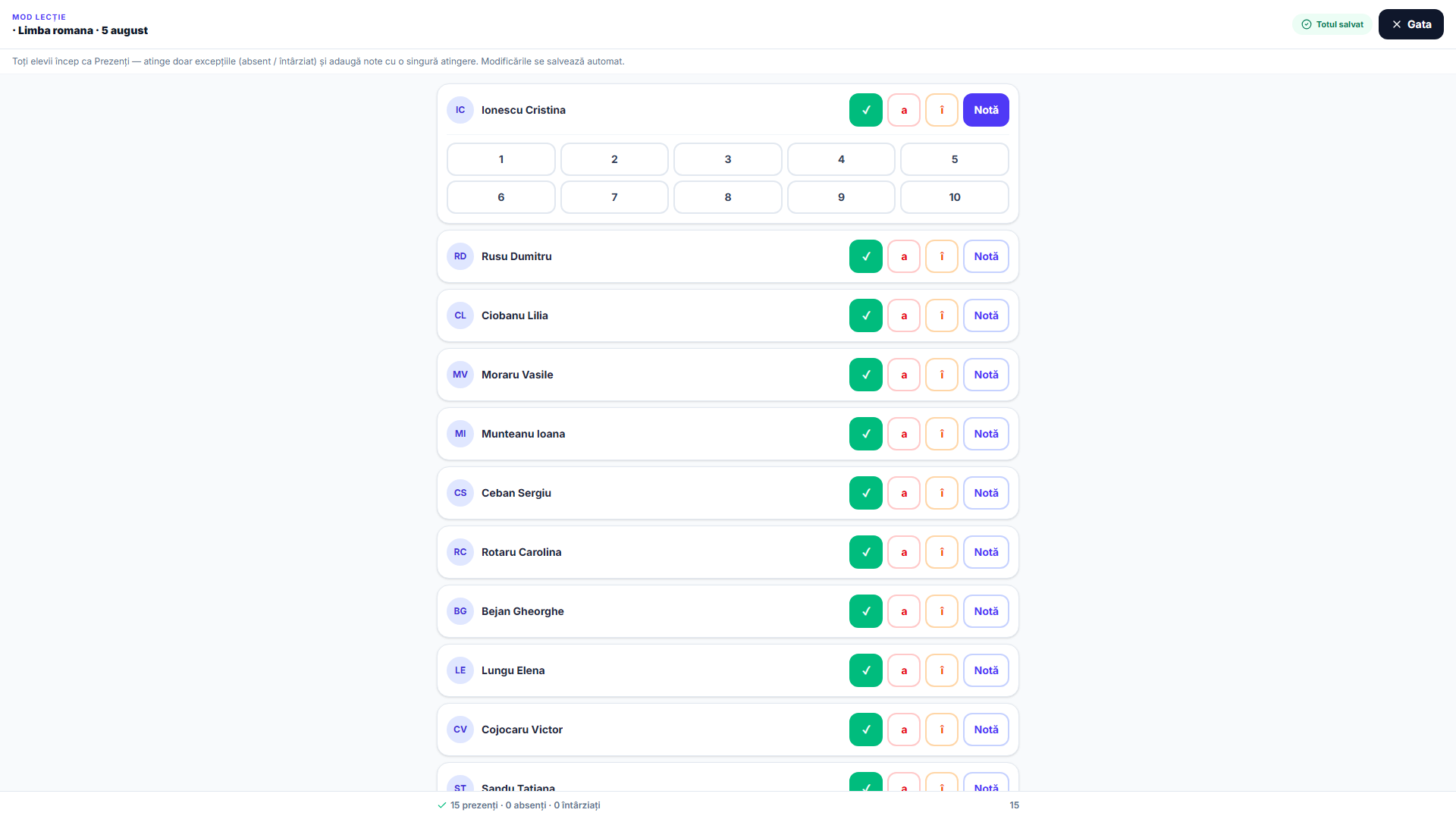 Un selector inline de notă de la 1 la 10 extins sub rândul unui elev în Modul Lecție după atingerea Notă.