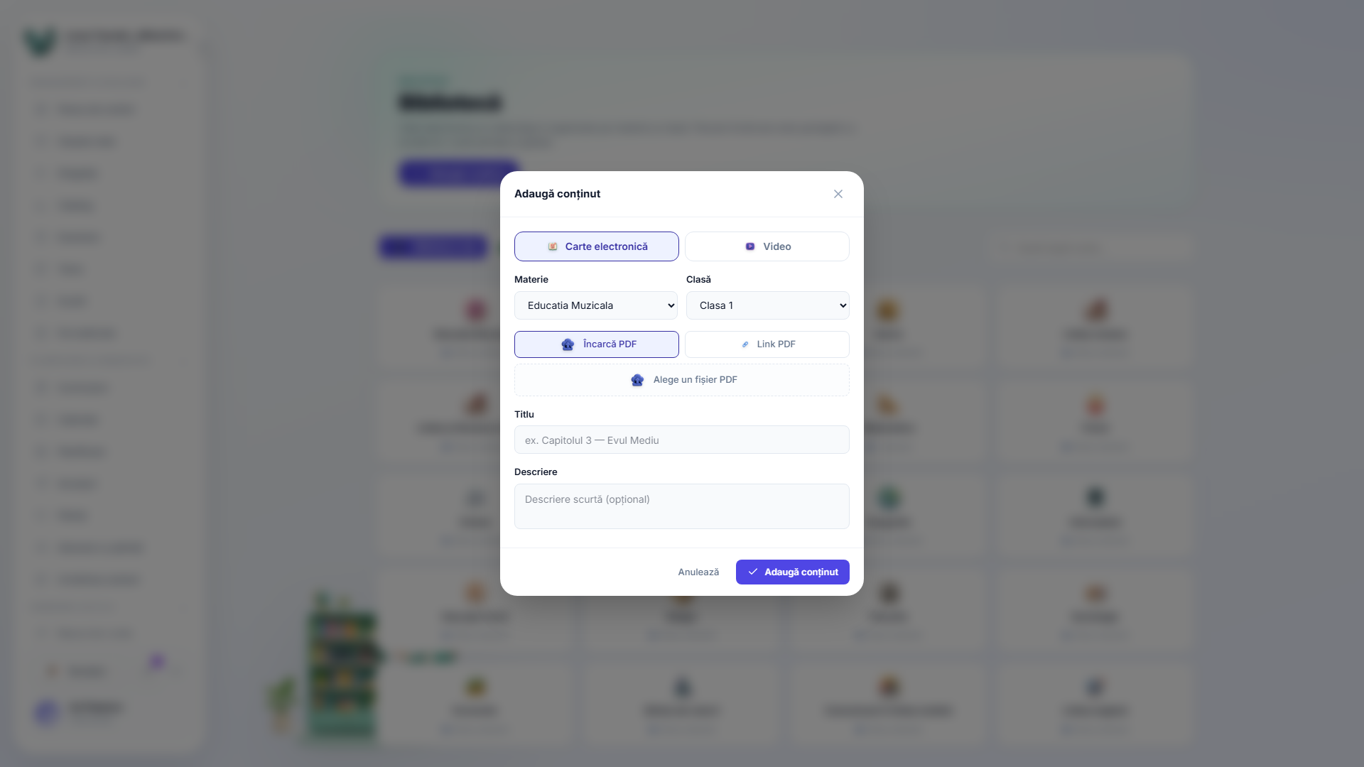 The add-to-library dialog — kind, subject, grade and the link or file