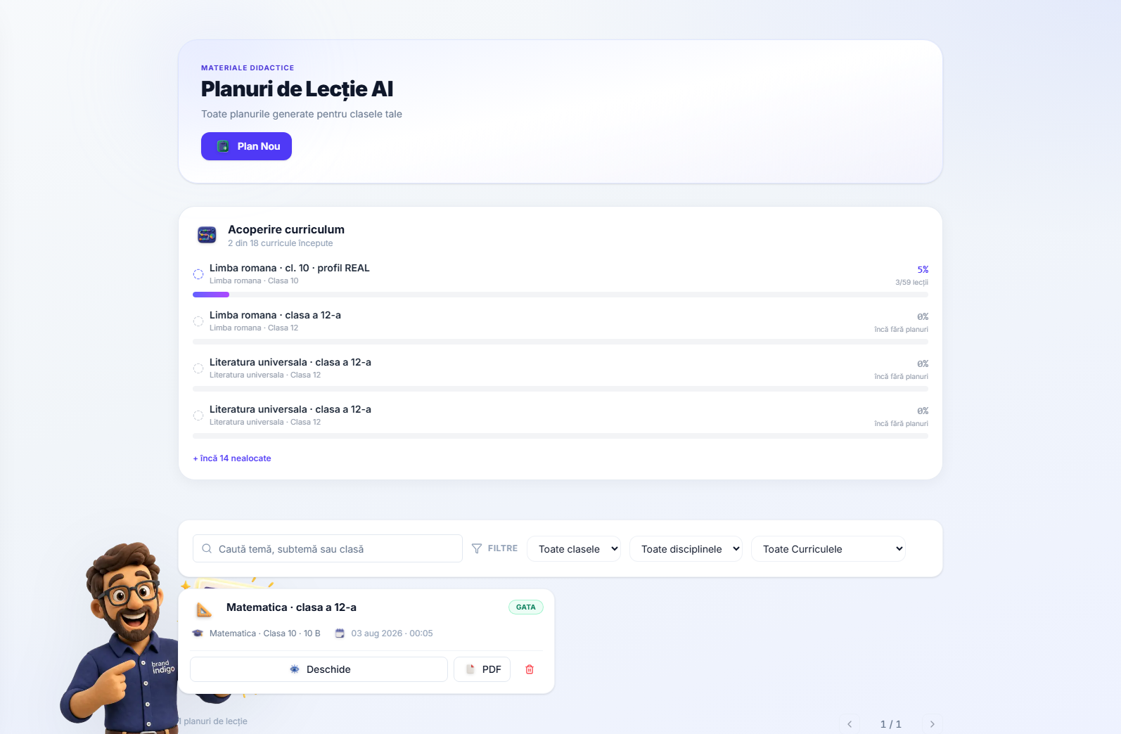 Pagina Planuri de lecție AI — un buton Plan de lecție nou, cardul de acoperire a programei și lista planurilor generate