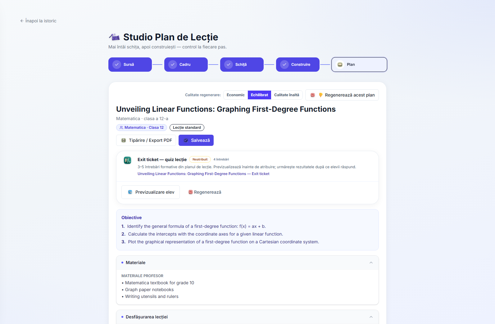 Planul finalizat — obiective de învățare, materiale și cronologia lecției, cu Imprimare/Export PDF și Salvare deasupra lor