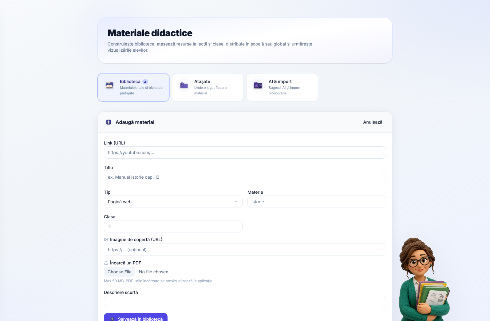 Formularul de adăugare a materialului — link sau încărcare, titlu și descriere