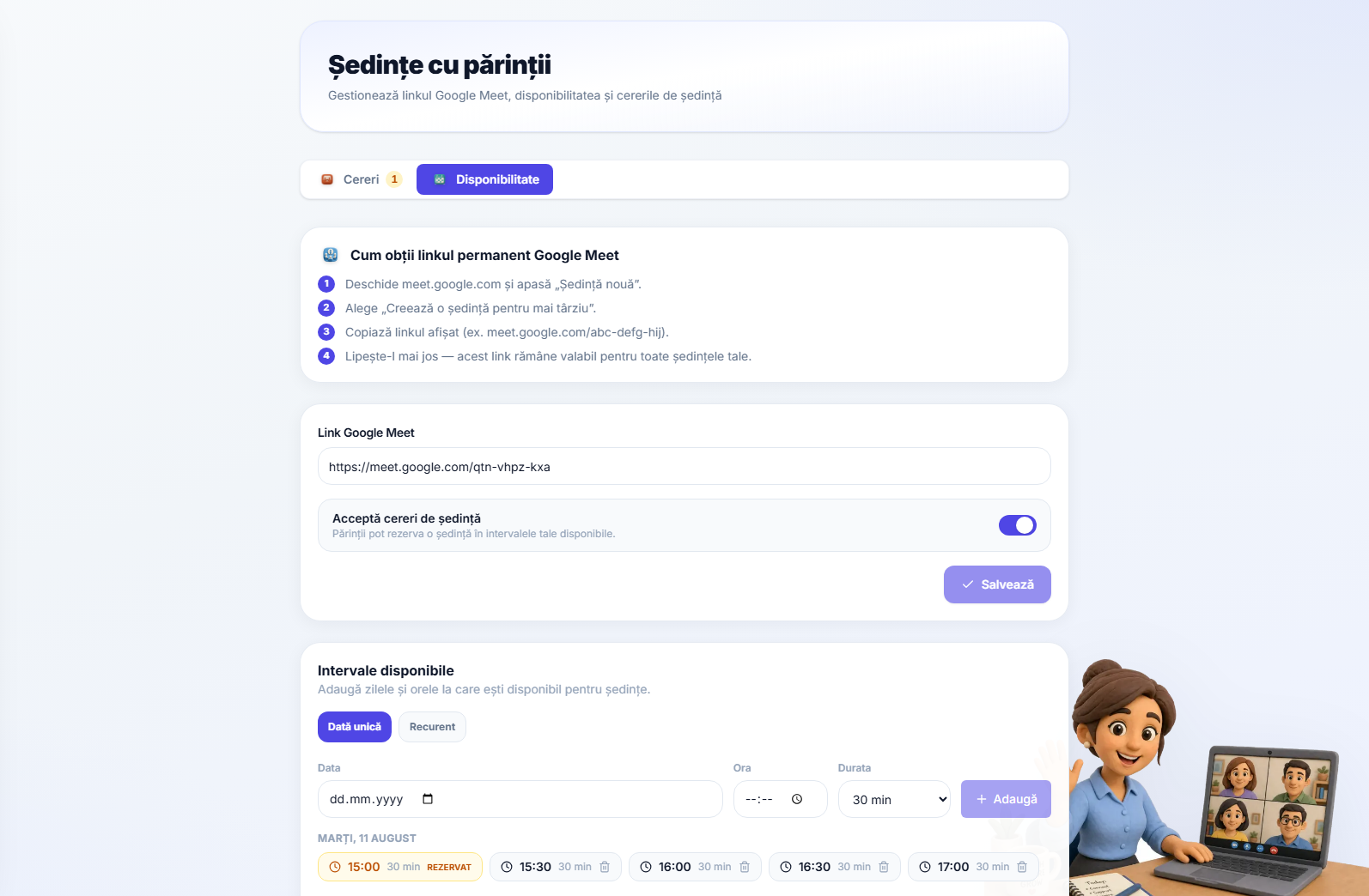 Fila disponibilitate, unde sunt setate linkul de întâlnire și orele libere