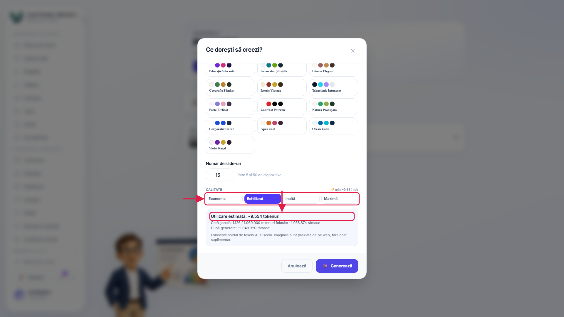 Dialogul de prezentare nouă care arată nivelurile de calitate și costul estimat al token-urilor pentru fiecare