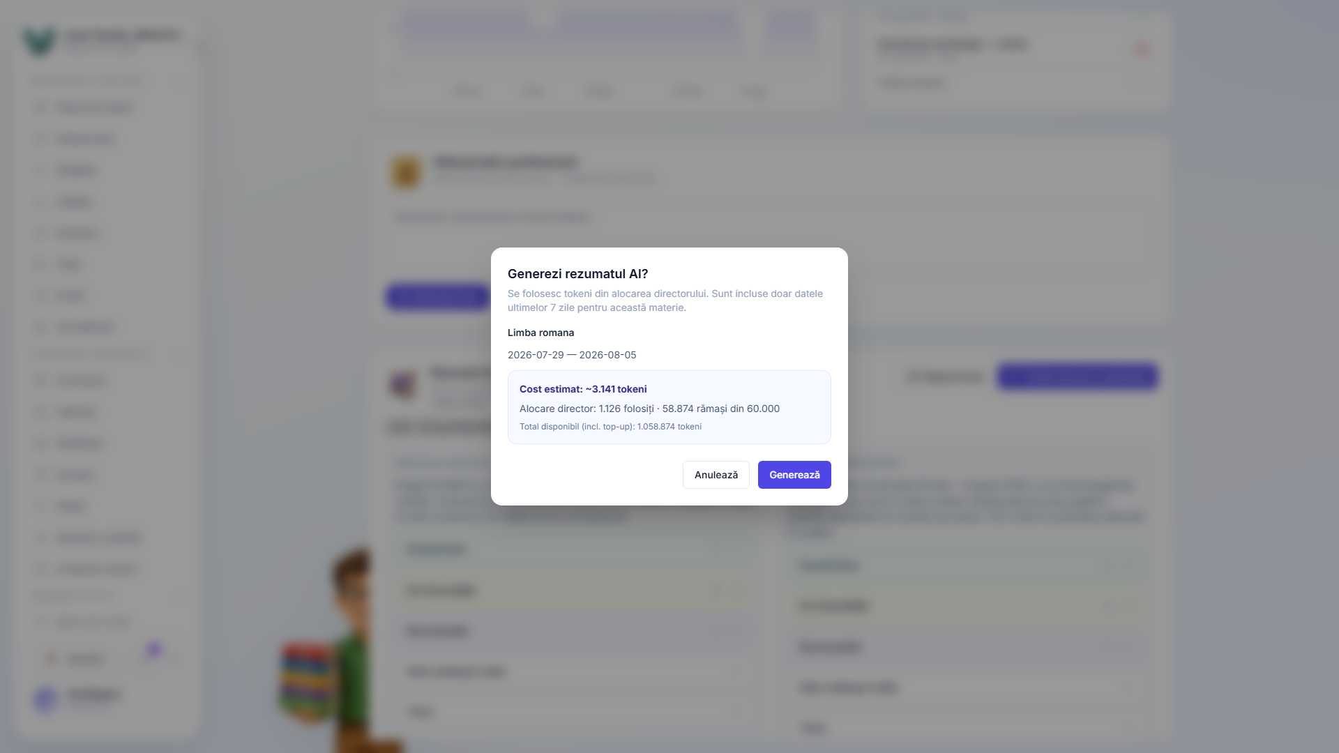 Dialogul de confirmare Generare rezumat AI, care arată disciplina și intervalul de date pe care le acoperă, costul estimat al token-urilor și câte token-uri au rămas din alocarea profesorului, cu butoanele Anulează și Generează