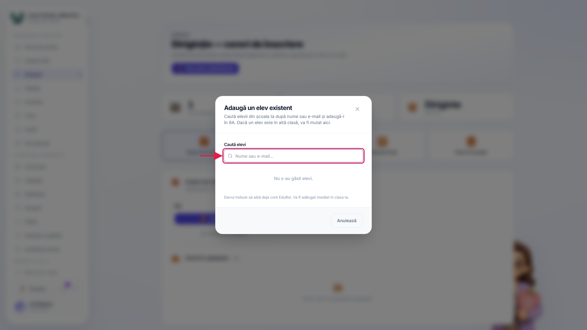 Dialogul de căutare pentru adăugarea unui elev care are deja un cont
