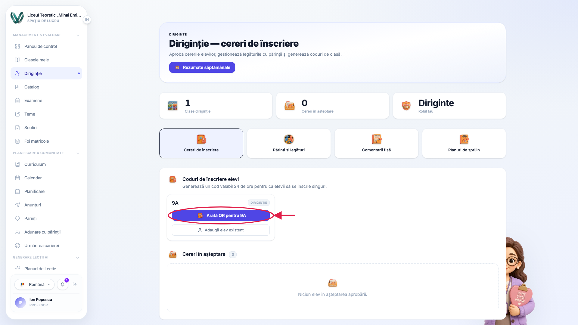 Pagina de dirigenție cu controlul codului clasei marcat