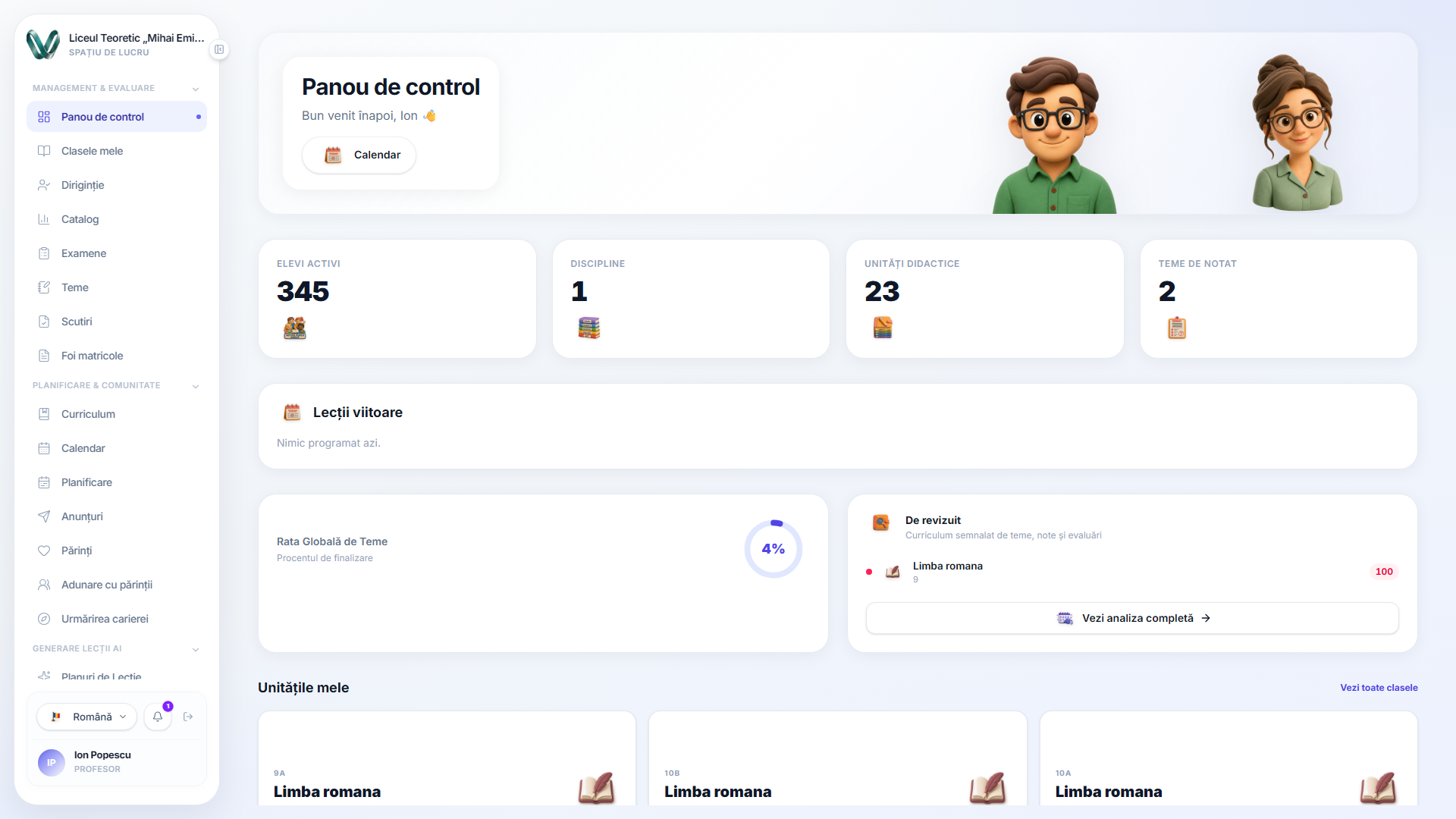 Tabloul de bord al profesorului după finalizarea configurării