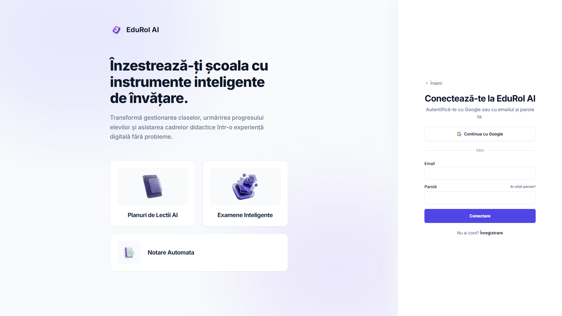 Ecranul de invitație care arată opțiunile Google și parolă