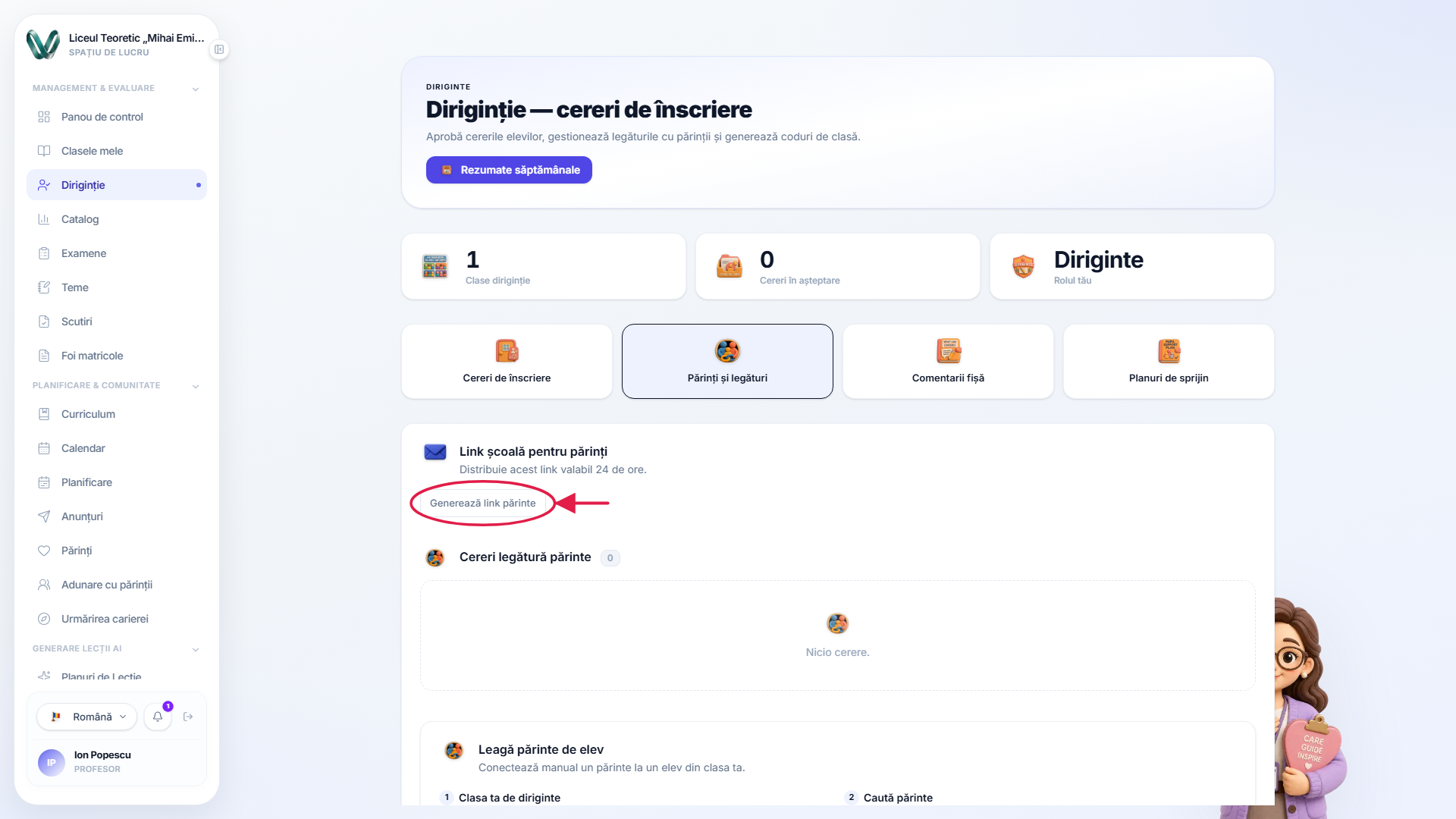 Pagina de dirigenție cu controlul invitației părinților marcat