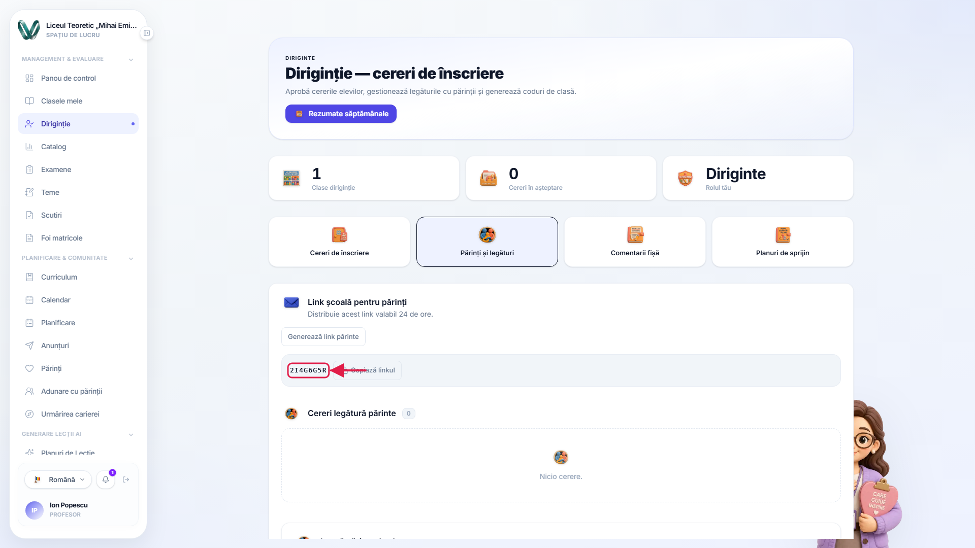 Codul de înscriere al părintelui afișat pentru a fi distribuit familiilor