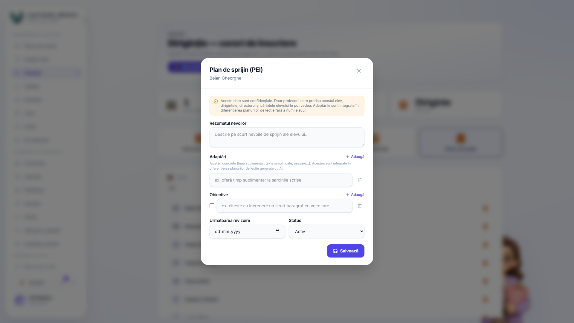 Editorul planului de suport care arată nevoile, adaptările și obiectivele