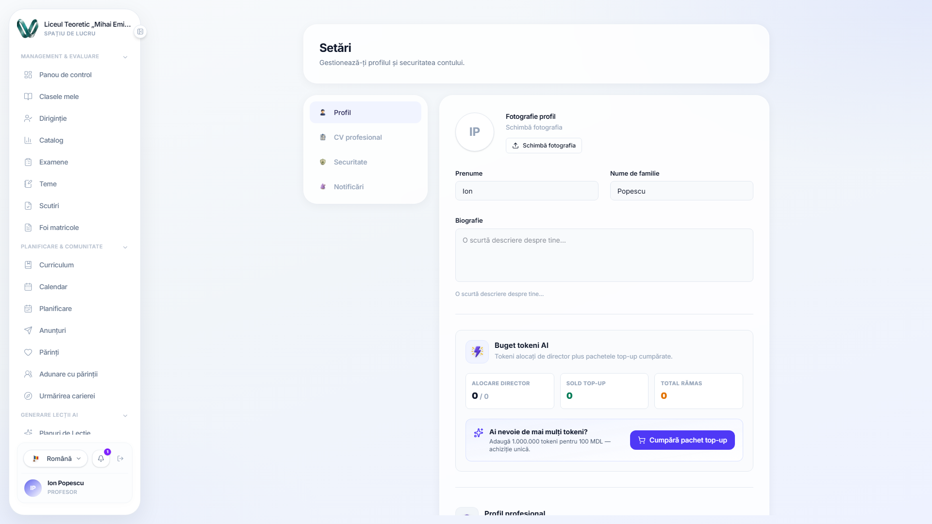 Panoul bugetului de tokenuri în setări