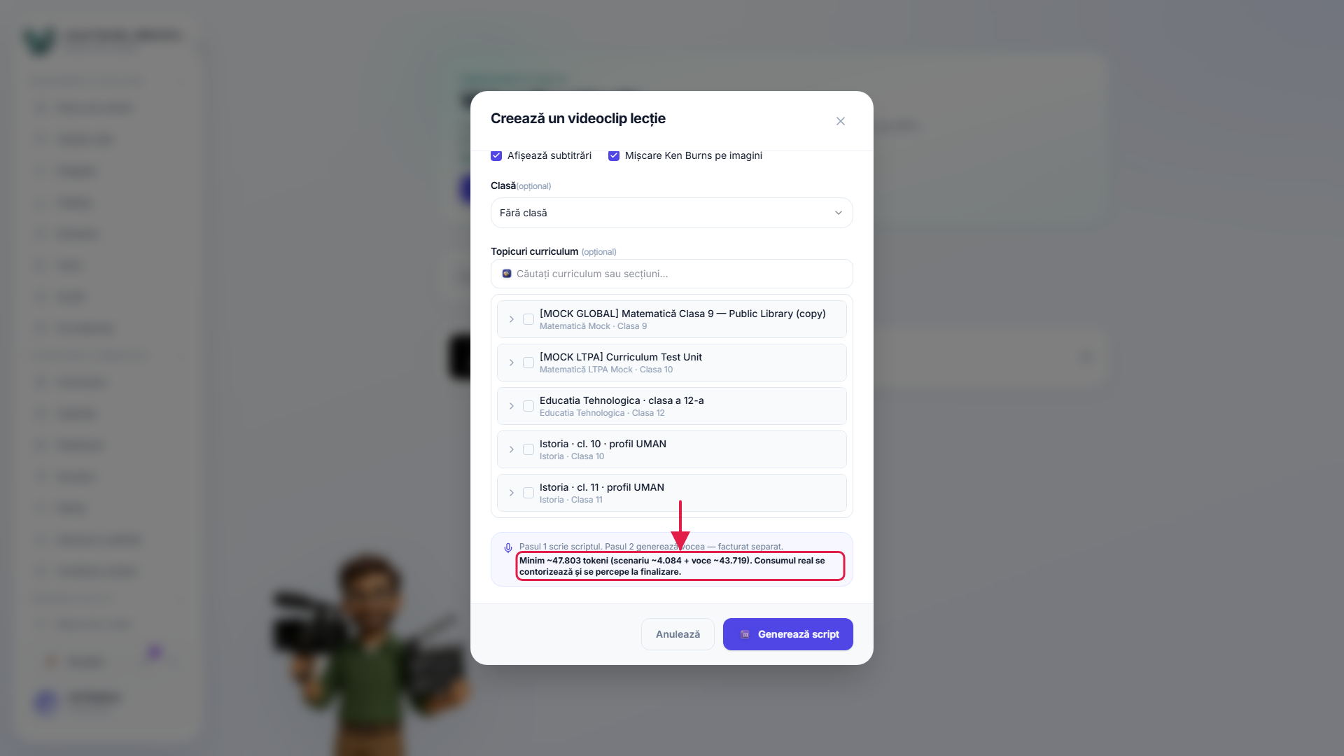 Dialogul video nou care arată costul estimat în tokeni
