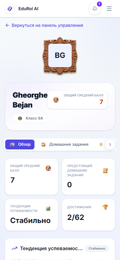 Профиль ребенка на телефоне, вкладки прокручиваются вбок